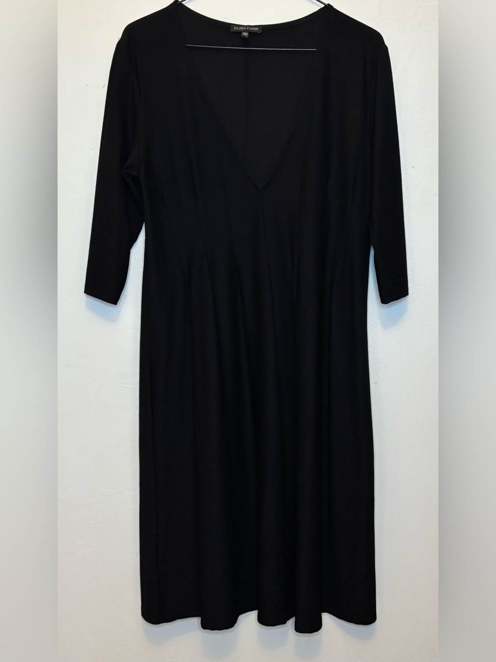 Eileen Fisher Black Stretch Jersey Knit Deep V-Neck 3/4 Sleeve Dress M D1477M